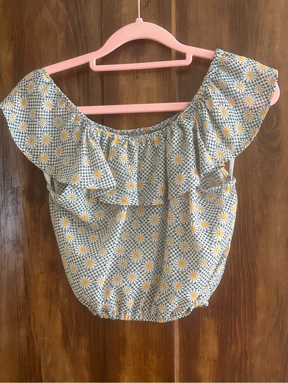 mine Off-Shoulder Daisy Crop Top in White, Yellow & Black